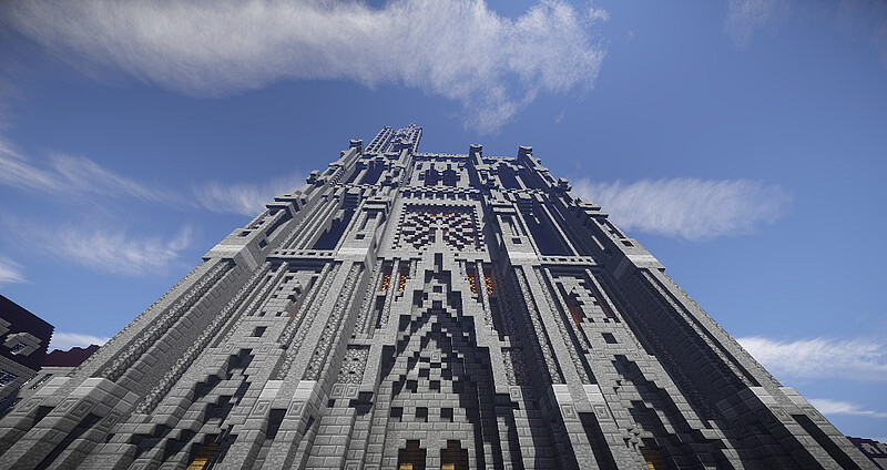 La cathédrale a été reproduite en reprenant le modèle initié par un architecte. A l’époque, les blocs roses n’existaient pas dans le jeu.